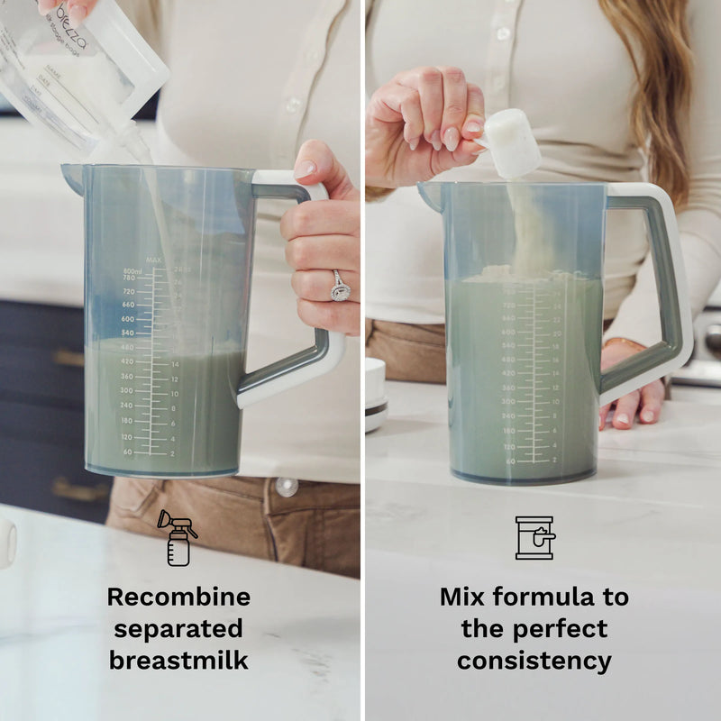 Two steps of recombining separated breastmilk and mixing formula in the Baby Brezza mixing pitcher