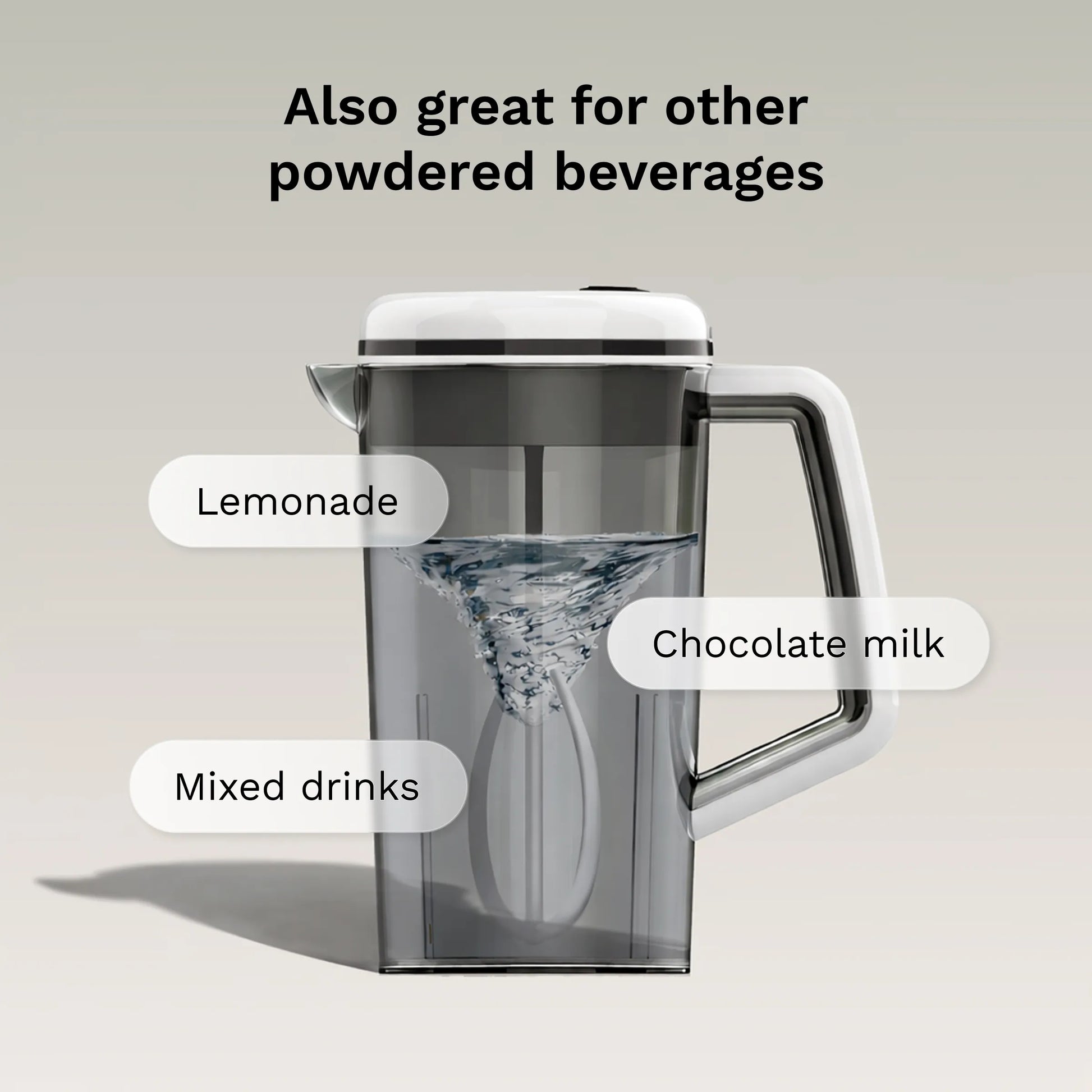 A clear and white pitcher with a dark gray inner chamber, shown with text labels reading 'Lemonade,' 'Chocolate milk,' and 'Mixed drinks,' plus the headline 'Also great for other powdered beverages' on a light gray background.
