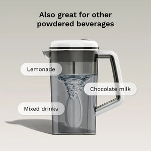 A clear and white pitcher with a dark gray inner chamber, shown with text labels reading 'Lemonade,' 'Chocolate milk,' and 'Mixed drinks,' plus the headline 'Also great for other powdered beverages' on a light gray background.