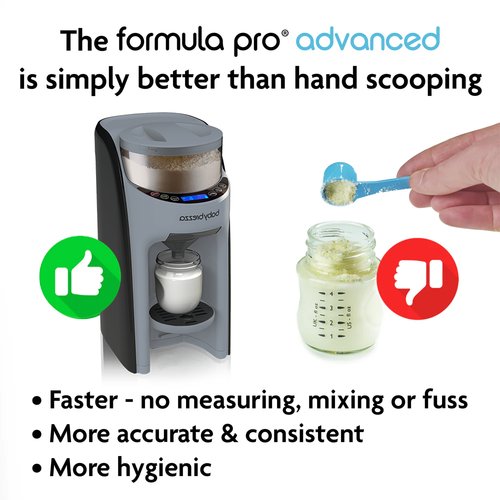 Formula Pro Advanced baby formula maker with green thumbs up alongside formula being poured into baby bottle with red thumbs down  - product thumbnail