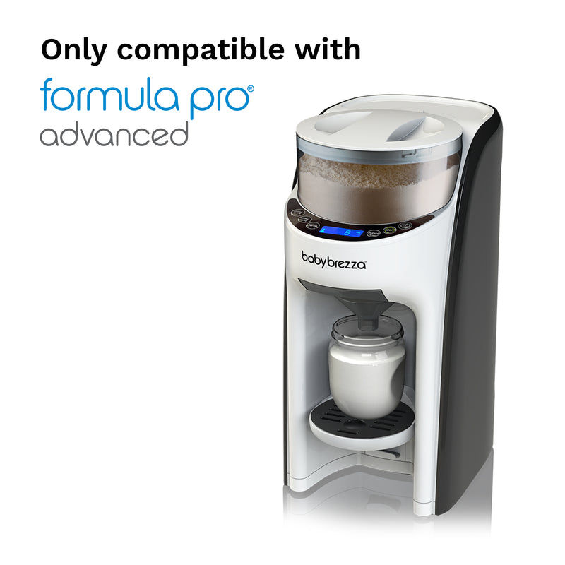 Baby formula dispenser with 'babybrezza' branding on a white background, labeled 'Only compatible with formula pro advanced'.