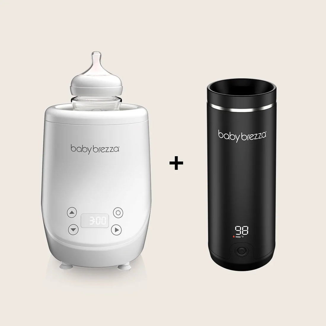 Baby bottle warmer and black container with 'babybrezza' branding on a beige background