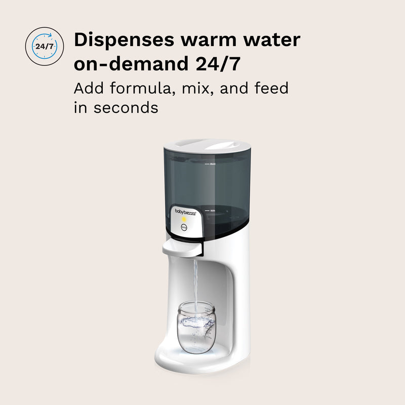 baby brezza instant warmer dispenses warm water on-demand 24/7. add formula, mix, and feed in seconds