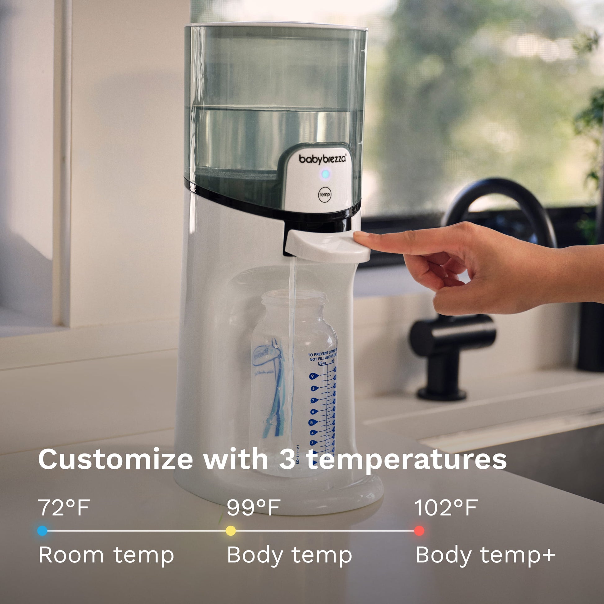 customize with 3 temperatures: room temp (72 degrees), body temp (99 degrees), and warmer than body temp (102 degrees)