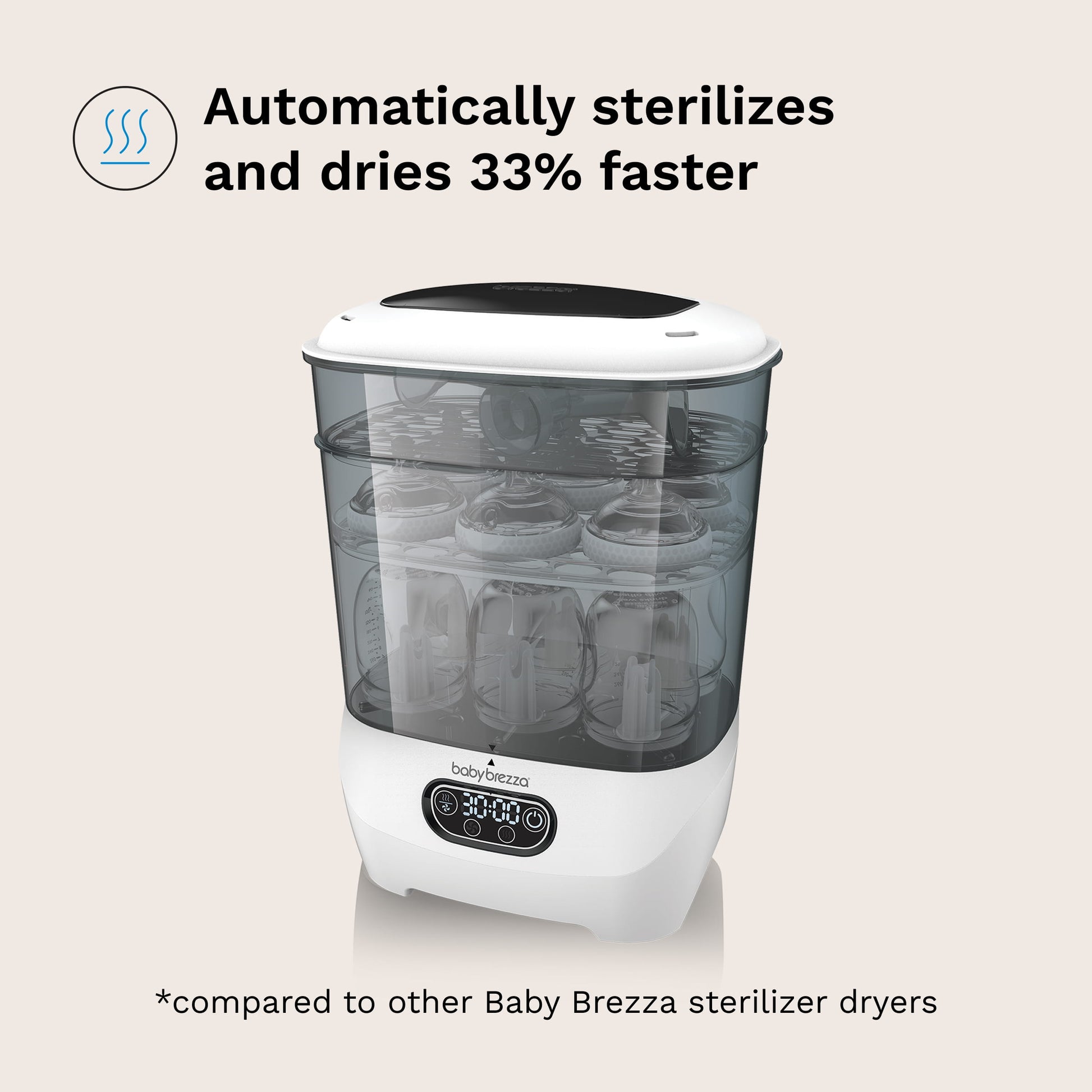 Automatically sterilizes and dries 33% faster versus other sterilizer dryers