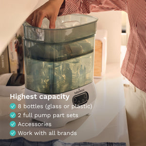 highest Capacity – 8 bottles (glass or plastic), 2 full pump part sets, and accessories. works with all brands