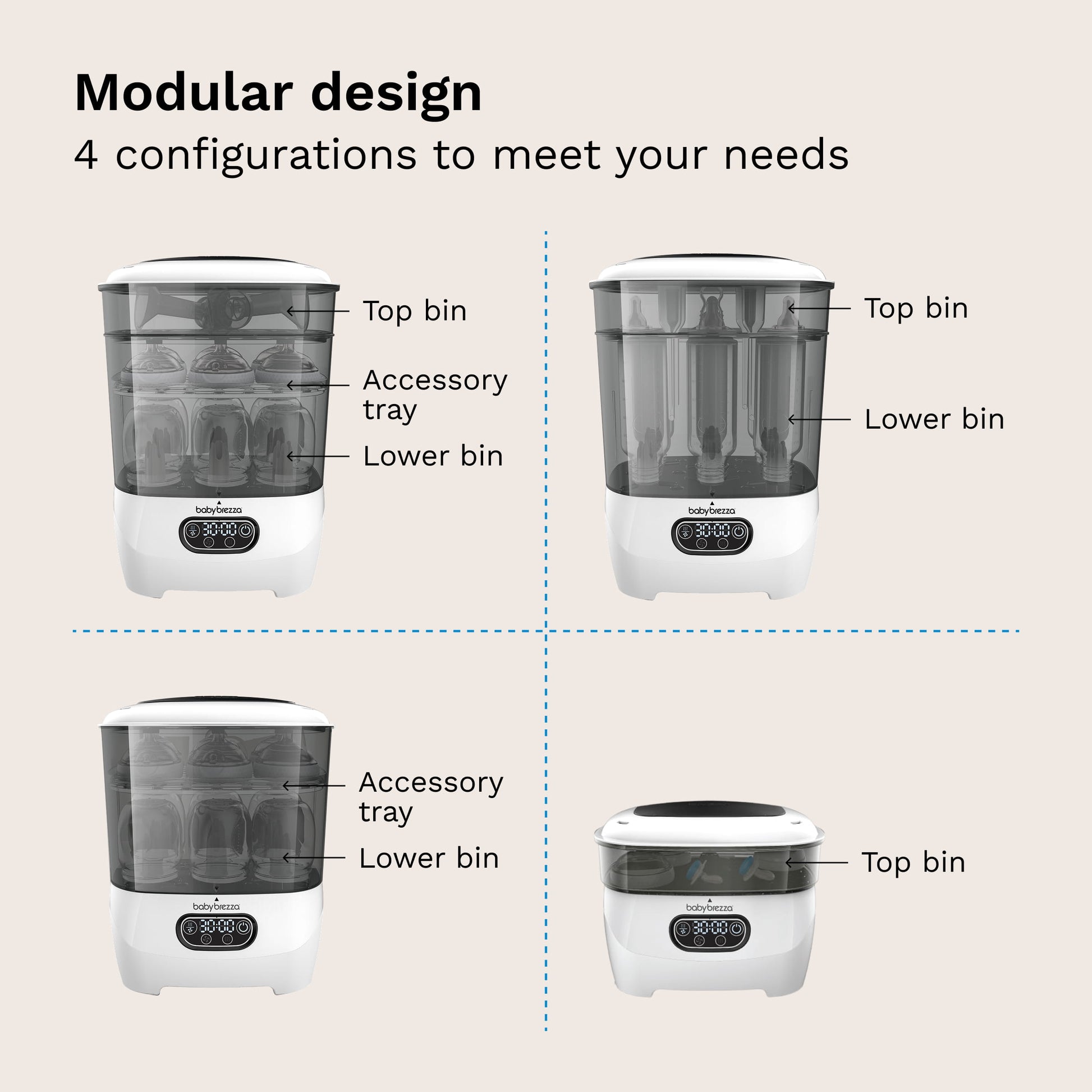 modular design - 4 configurations to meet your needs. Top bin, accessory tray, and lower bin.