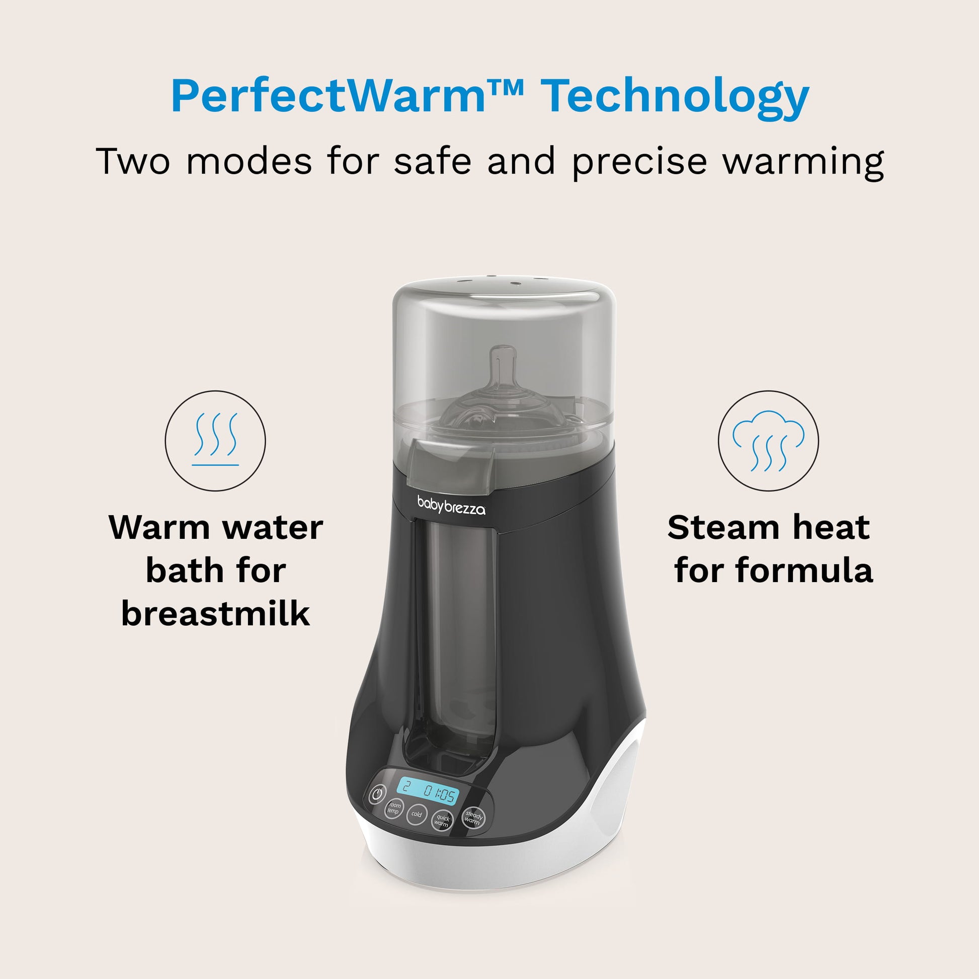 perfectwarm technology two modes for safe and precise warming. warm water bath for breastmilk and steam heat for formula.