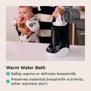 warm water bath safely warms or defrosts breastmilk and preserves essential breastmilk nutrients other warmers don't