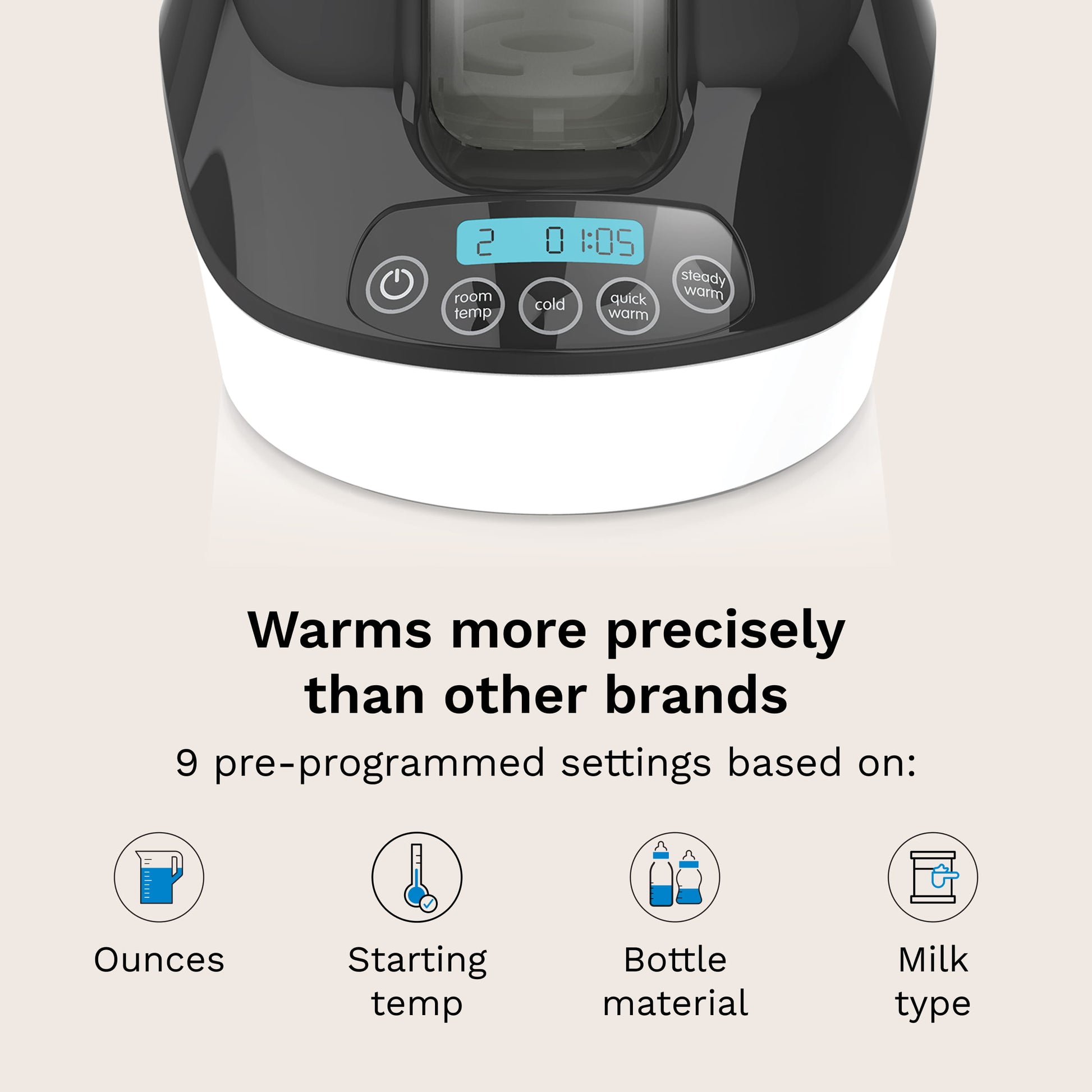 warms more precisely than other brands. 9 pre-programmed settings based on ounces, starting temp, bottle material, and milk type