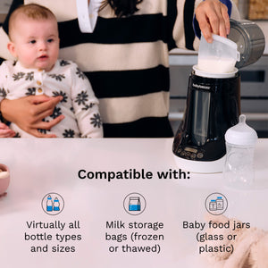 Compatible with virtually all bottle types and sizes, milk storage bags (frozen or thawed), and baby food jars (glass or plastic)