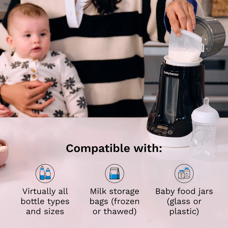 Compatible with virtually all bottle types and sizes, milk storage bags (frozen or thawed), and baby food jars (glass or plastic)