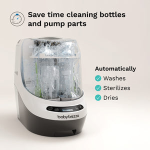 baby brezza bottle washer pro saves time cleaning bottles and pump parts, automatically washes sterilizes and dries