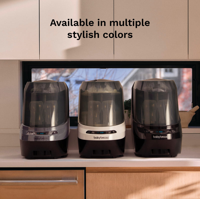 baby brezza bottle washer pro available in multiple stylish colors white and black, charcoal, and black