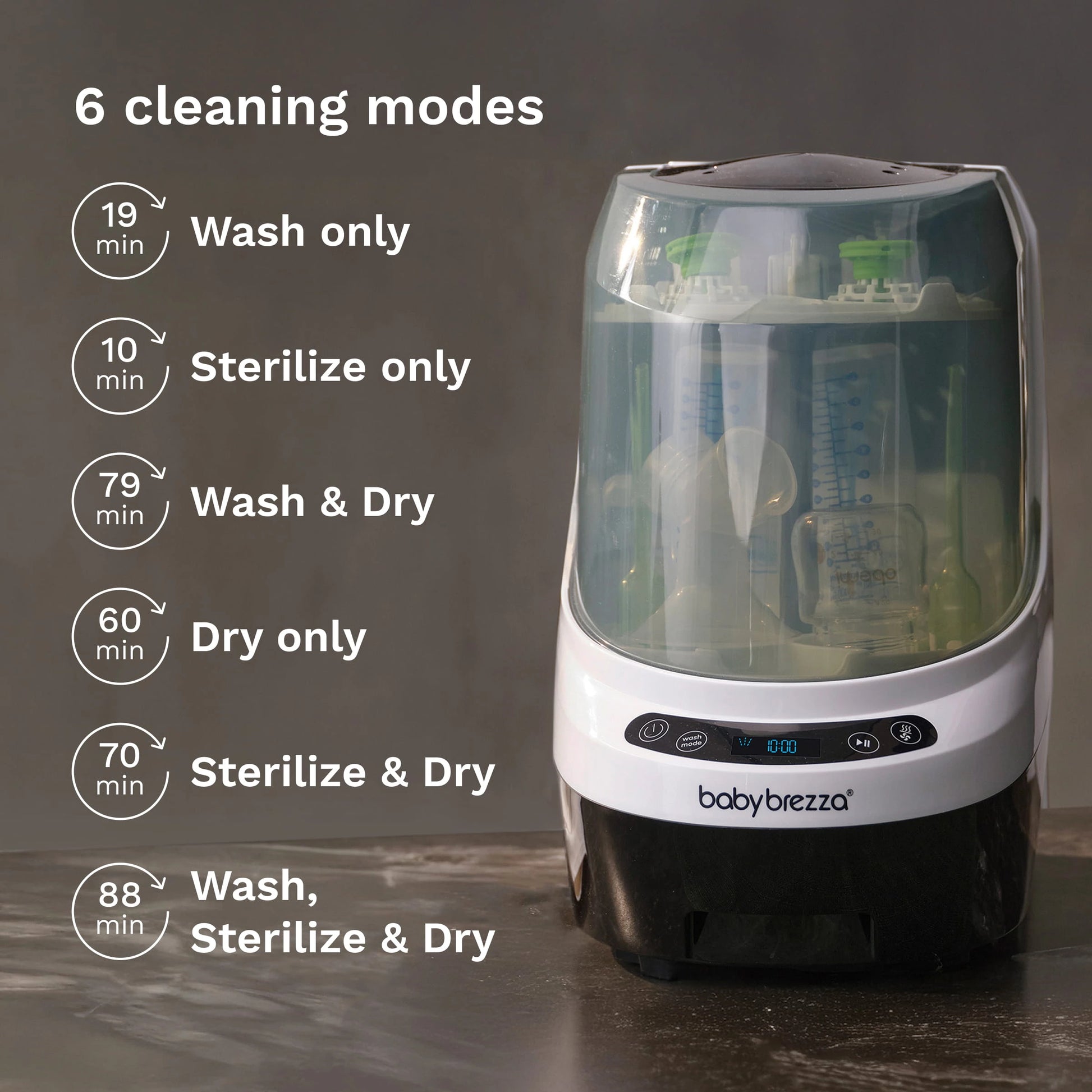 6 cleaning modes baby brezza bottle washer pro