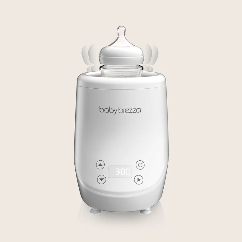 Baby bottle warmer with 'baby brezza' branding on a light beige background, air swirl