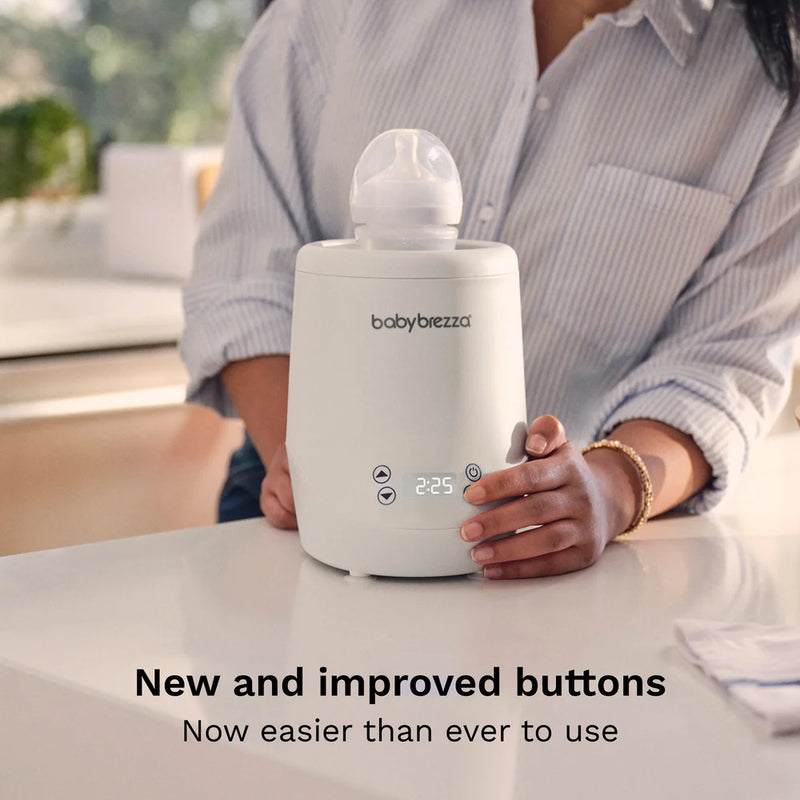 Babybrezza device with a person holding it, labeled 'New and improved buttons'.