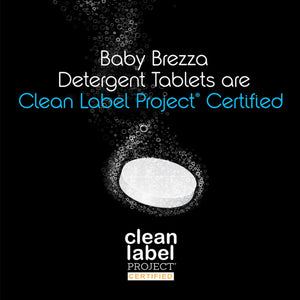 Black promotional graphic for Baby Brezza Detergent Tablets, showing a white oval tablet surrounded by bubbles, with text stating 'Baby Brezza Detergent Tablets are Clean Label Project Certified' and the Clean Label Project Certified logo at the bottom.