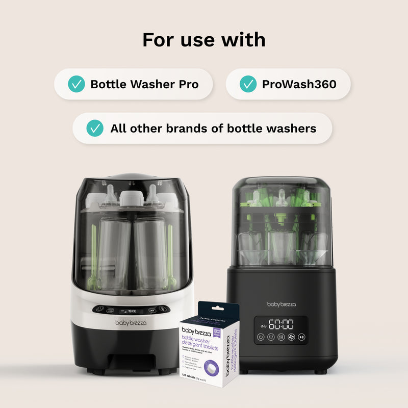 Two baby bottle washers on a light beige background with text reading 'For use with' and three checkmark labels: 'Bottle Washer Pro,' 'ProWash360,' and 'All other brands of bottle washers.' A small BabyBrezza box sits in front of the machines.