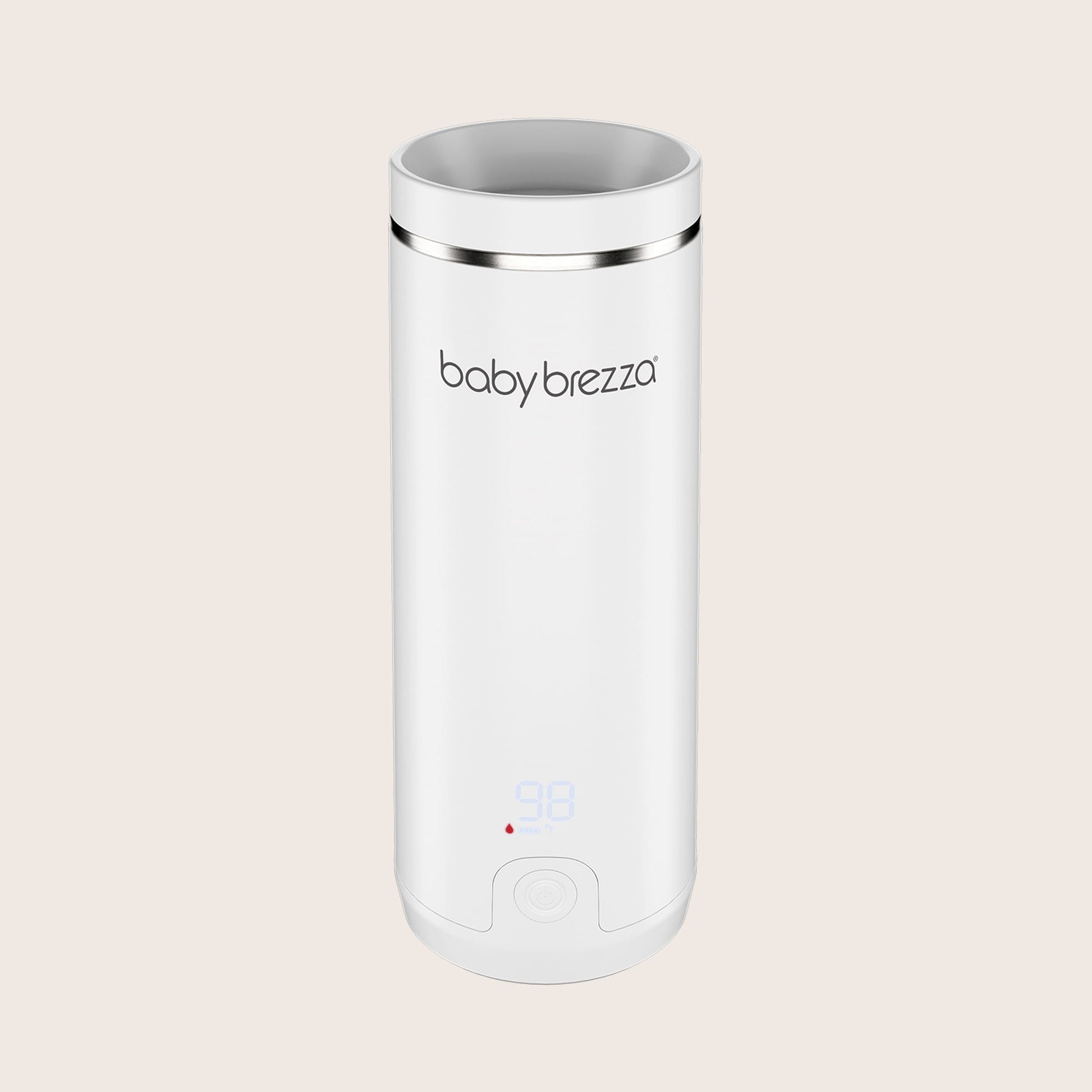 white baby brezza superfast portable travel bottle warmer with digital display on a beige background
