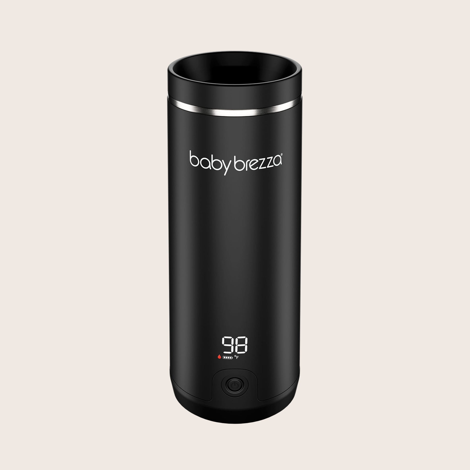 Black baby brezza superfast portable travel breastmilk formula and water warmer with digital display on a beige background