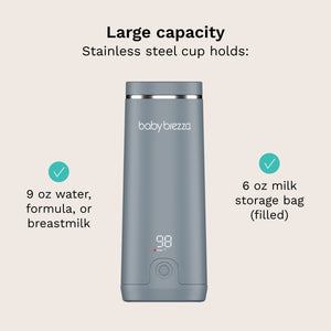 large capacity stainless steel cup holds 9 oz water, formula, or breastmilk. also holds 6 oz milk storage bag (filled)