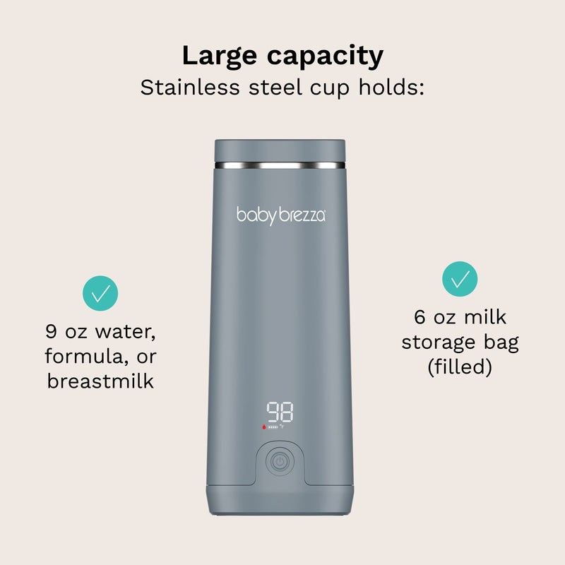 large capacity stainless steel cup holds 9 oz water, formula, or breastmilk. also holds 6 oz milk storage bag (filled)