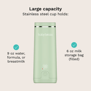 large capacity stainless steel cup holds 9 oz water, formula, or breastmilk. also holds 6 oz milk storage bag (filled)