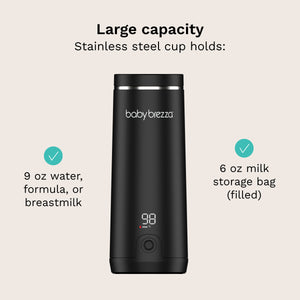 large capacity stainless steel cup holds 9 oz of water, formula, or breastmilk. also holds 6 oz milk storage bag (filled)