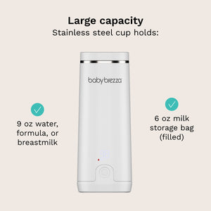 large capacity stainless steel cup holds 9 oz water, formula, or breastmilk. also holds 6 oz milk storage bag (filled)