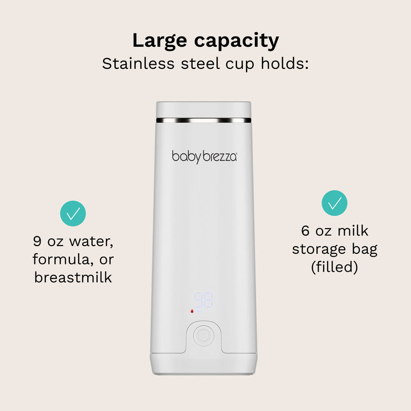 large capacity stainless steel cup holds 9 oz water, formula, or breastmilk. also holds 6 oz milk storage bag (filled)