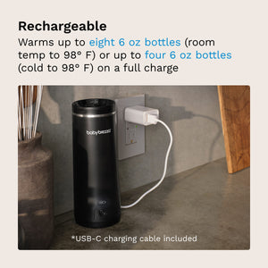 rechargeable bottle warmer warms up to eight 6 oz bottles (room temp to 98 degrees) or up to four 6 oz bottles (cold to 98 degrees) on a full charge. USB-C charging cable included.
