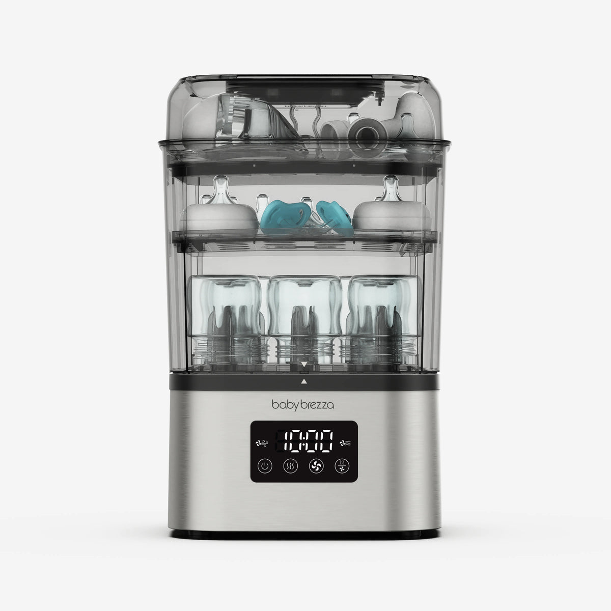 Baby Brezza SuperQuick baby bottle sterilizer and dryer in stainless steel with bottles and pump parts inside