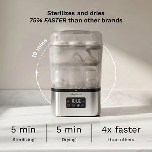 Fastest baby bottle sterilizer dryer in stainless steel, sterilizes in 5 minutes and dries in 5 minutes