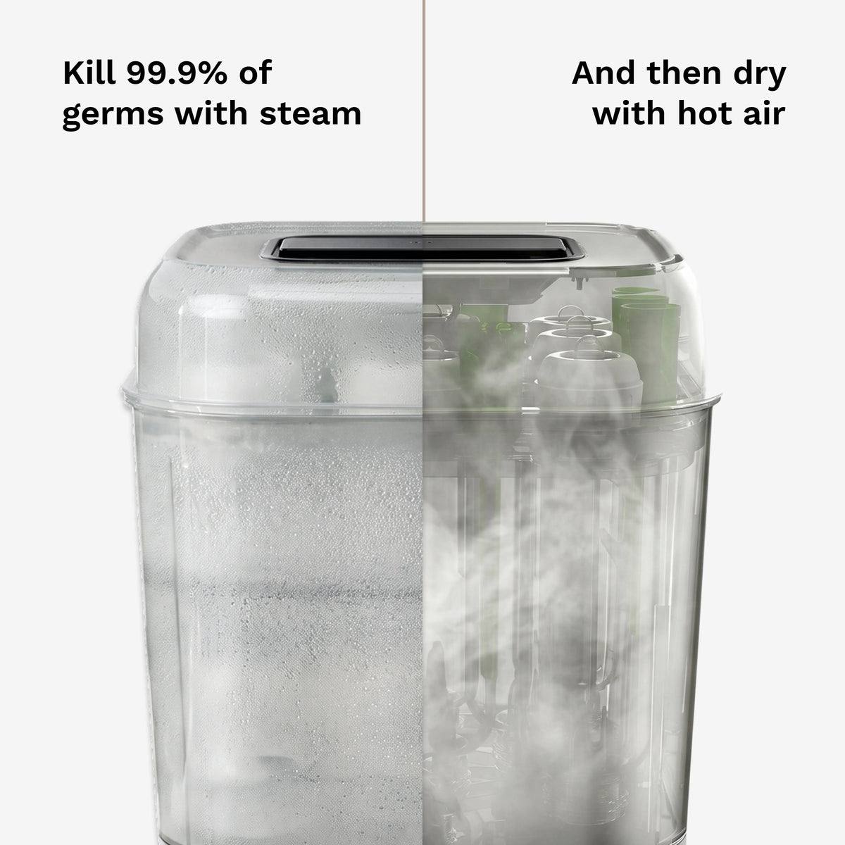 Stainless steel bottle sterilizer kills 99.9% of germs with steam and dries with hot air