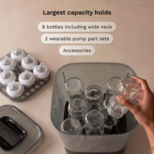 Largest capacity baby bottle sterilizer dryer for 8 bottles, wearable breast pump parts and accessories