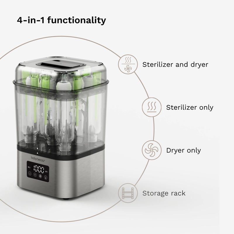 4-in-1 stainless steel baby bottle sterilizer dryer with sterilizer, dryer and storage rack functions
