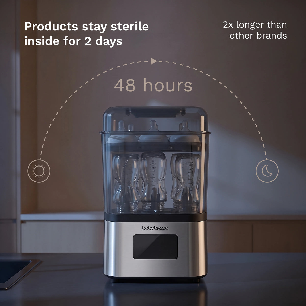 Stainless steel bottle sterilizer dryer keeps bottles and pump parts sterile for 48 hours