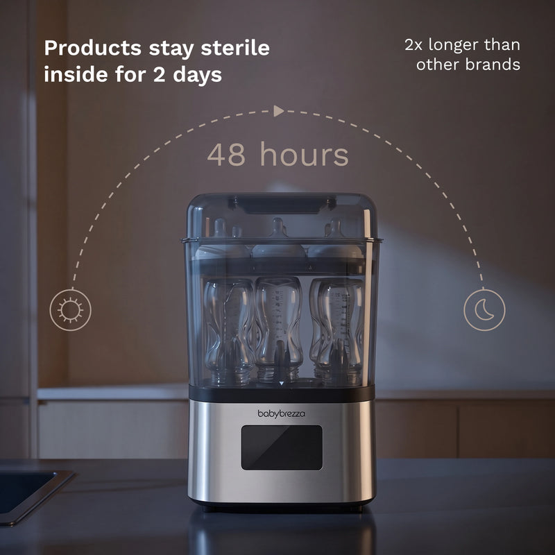 Stainless steel bottle sterilizer dryer keeps bottles and pump parts sterile for 48 hours