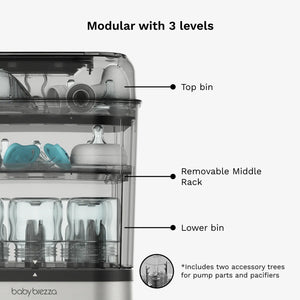 3-level modular bottle sterilizer dryer with removable middle rack and accessory trees for pacifiers