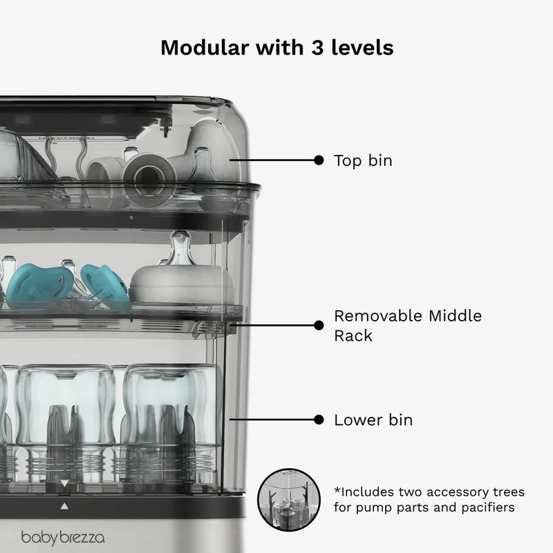 3-level modular bottle sterilizer dryer with removable middle rack and accessory trees for pacifiers