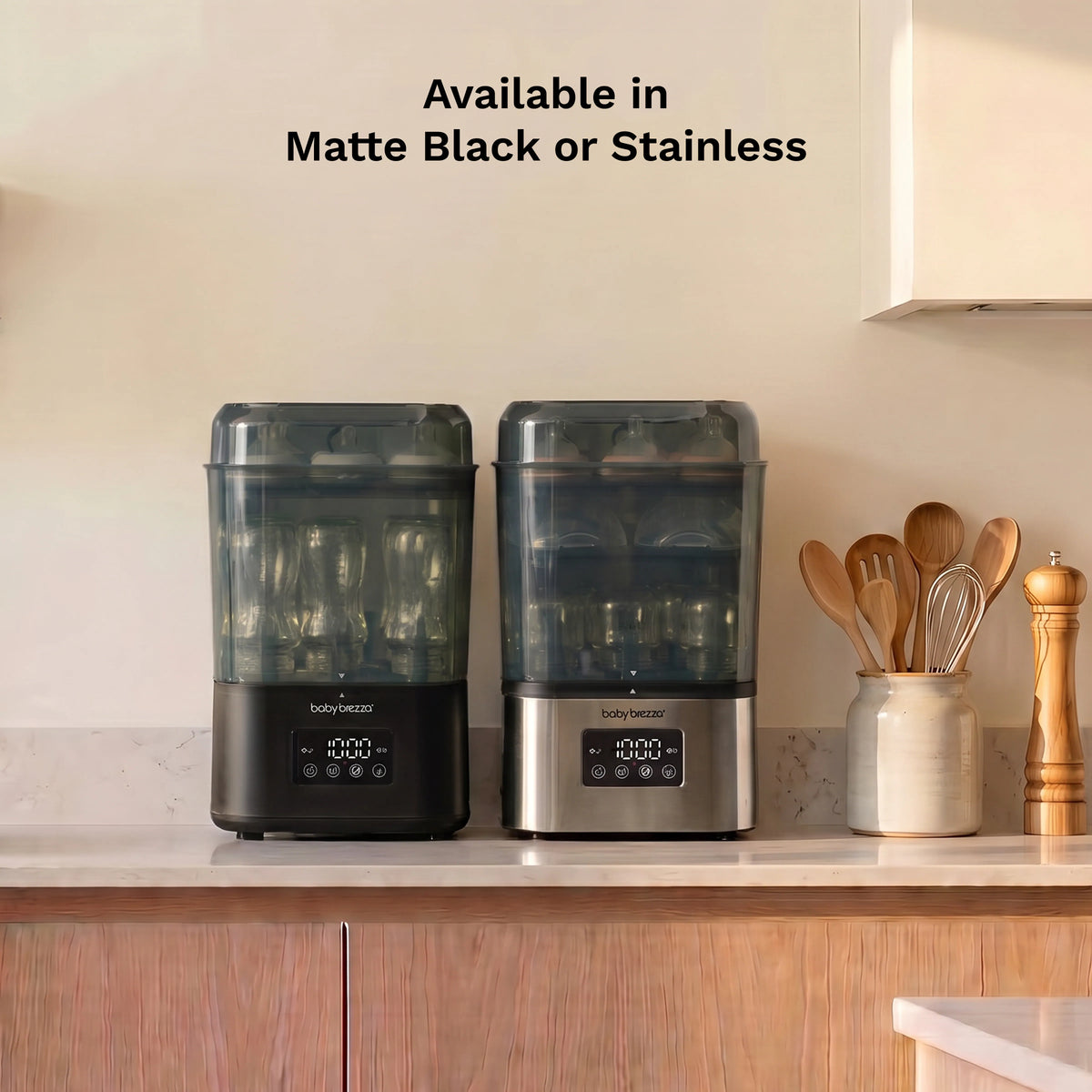 Baby Brezza SuperQuick sterilizer dryer available in stainless steel and matte black finishes