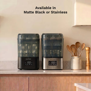 Baby Brezza SuperQuick sterilizer dryer available in stainless steel and matte black finishes