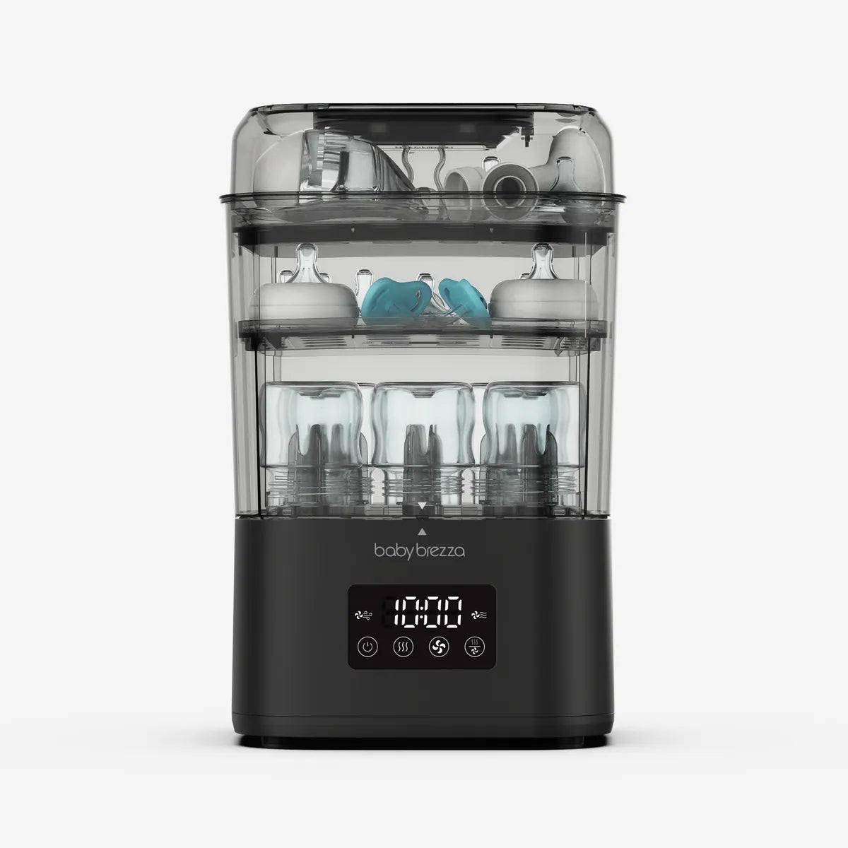 Baby Brezza SuperQuick baby bottle sterilizer and dryer in matte black with bottles and pump parts inside