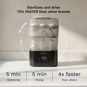 Fastest baby bottle sterilizer dryer in matte black, sterilizes in 5 minutes and dries in 5 minutes