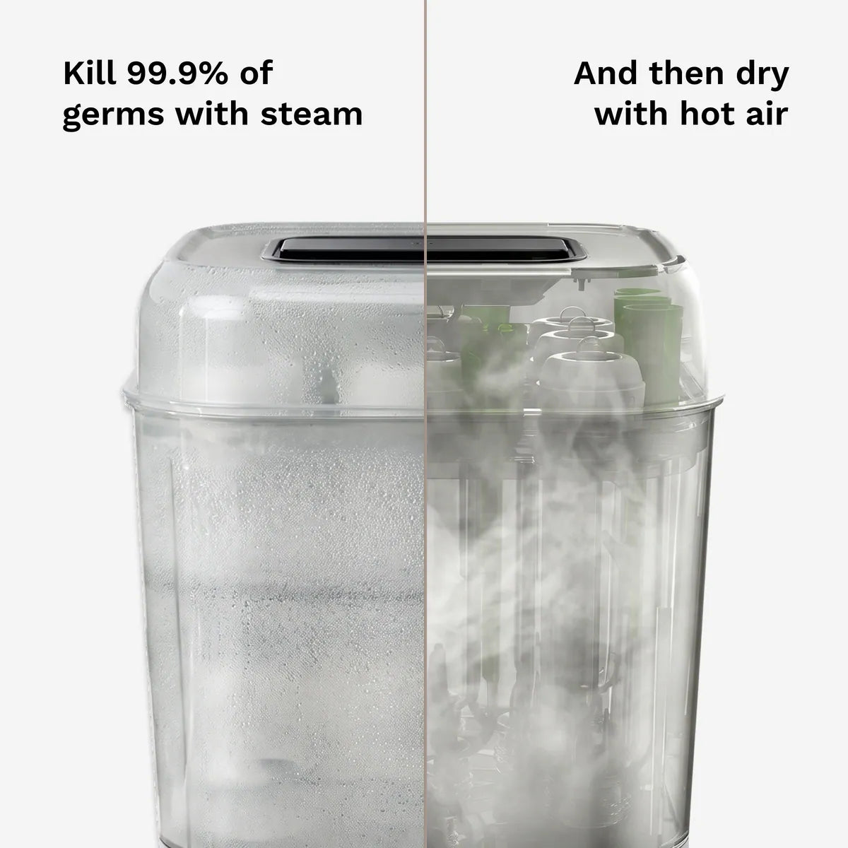 Baby bottle sterilizer kills 99.9% of germs with steam, then dries bottles with hot air