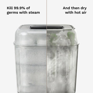 Baby bottle sterilizer kills 99.9% of germs with steam, then dries bottles with hot air