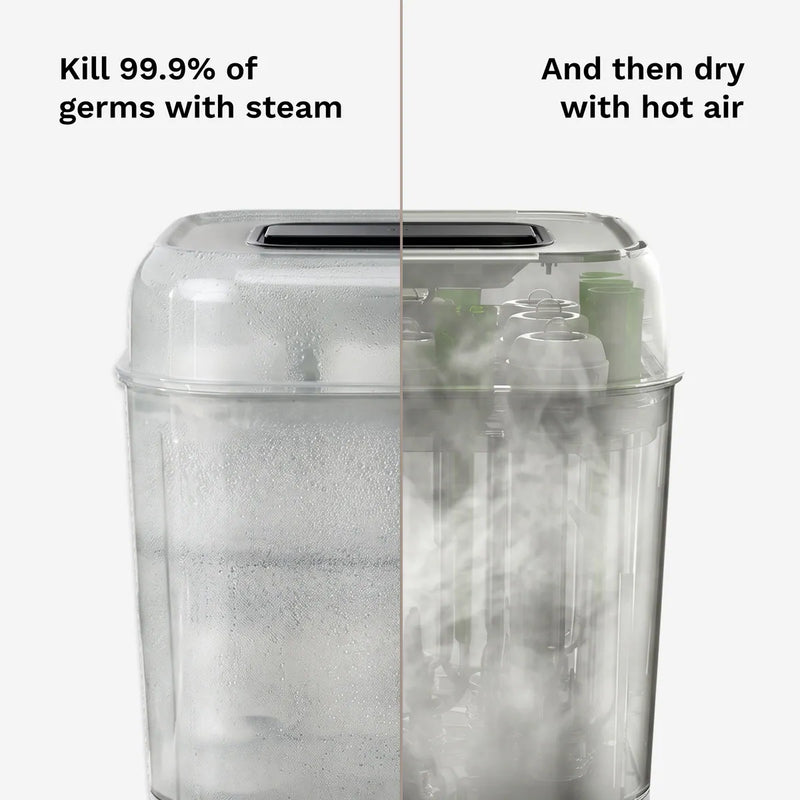 Baby bottle sterilizer kills 99.9% of germs with steam, then dries bottles with hot air