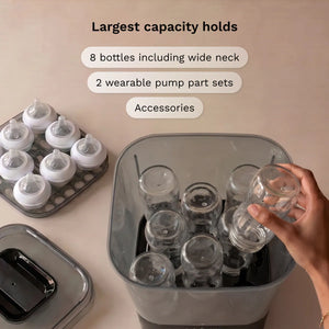 Large capacity bottle sterilizer dryer holds 8 wide neck bottles, 2 wearable pump part sets and accessories