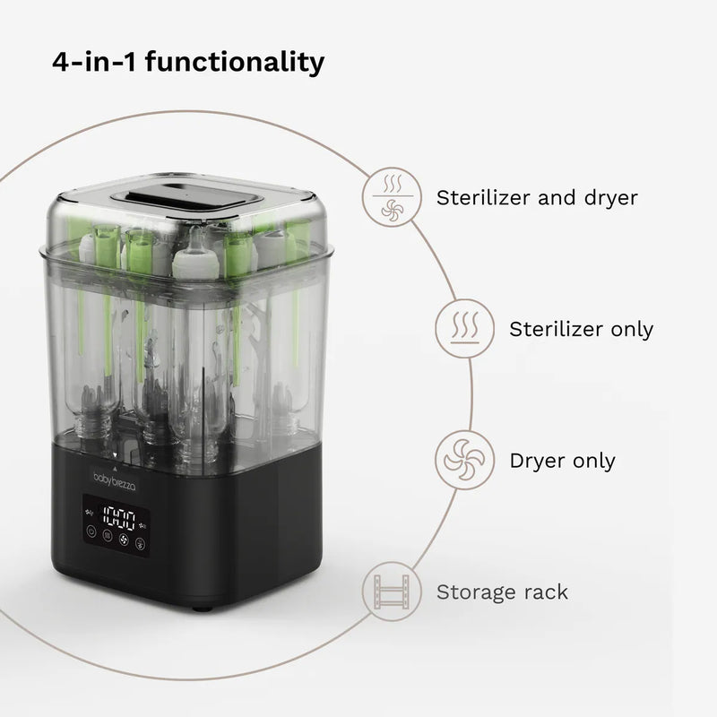 4-in-1 baby bottle sterilizer dryer in matte black with sterilize, dry, sterilize and dry, and storage modes